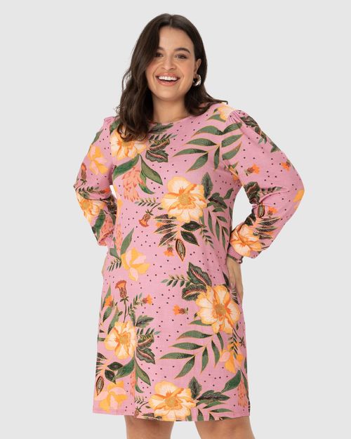 Vestido Feminino Plus Size Floral Manga Franzida Em Viscose Stretch