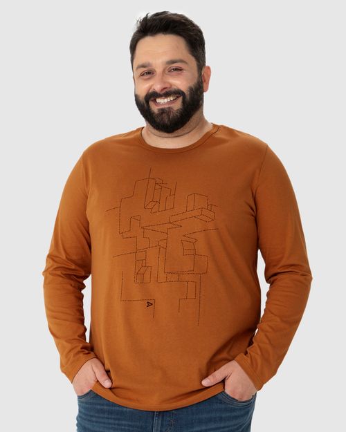 Camiseta Masculina Plus Size Estampa Frontal Manga Longa Em Algodão