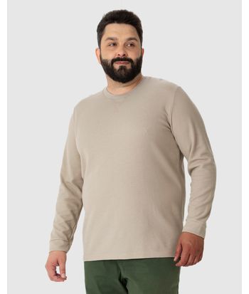 Camiseta Básica Masculina Plus Size Manga Longa Em Malha Texturizada