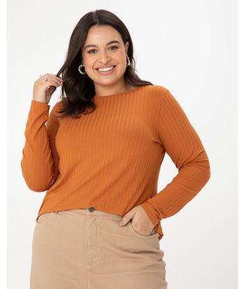 Blusa Básica Feminina Plus Size Manga Longa Em Canelado De Viscose