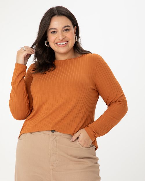 Blusa Básica Feminina Plus Size Manga Longa Em Canelado De Viscose