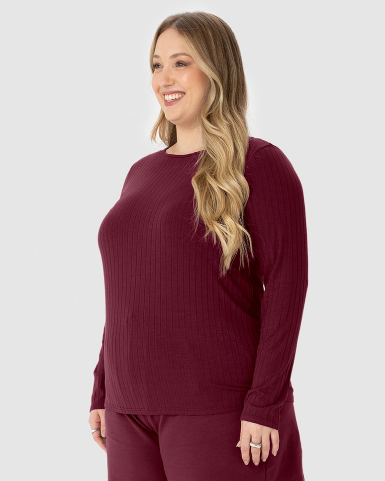 Blusa Básica Feminina Plus Size Manga Longa Em Canelado De Viscose