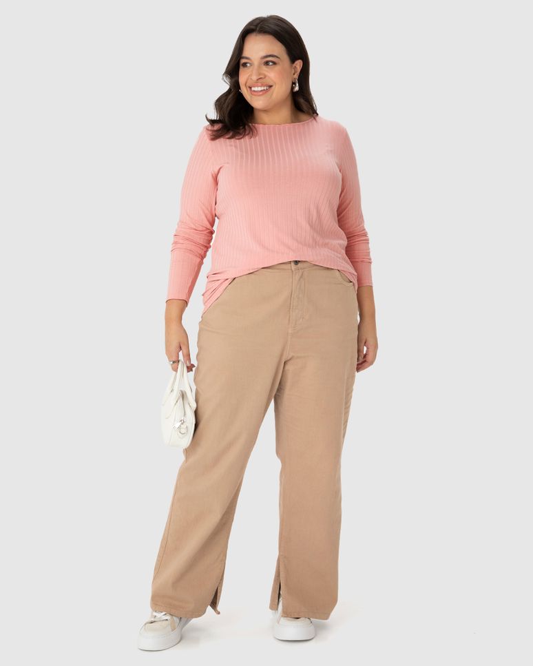 Blusa Básica Feminina Plus Size Manga Longa Em Canelado De Viscose