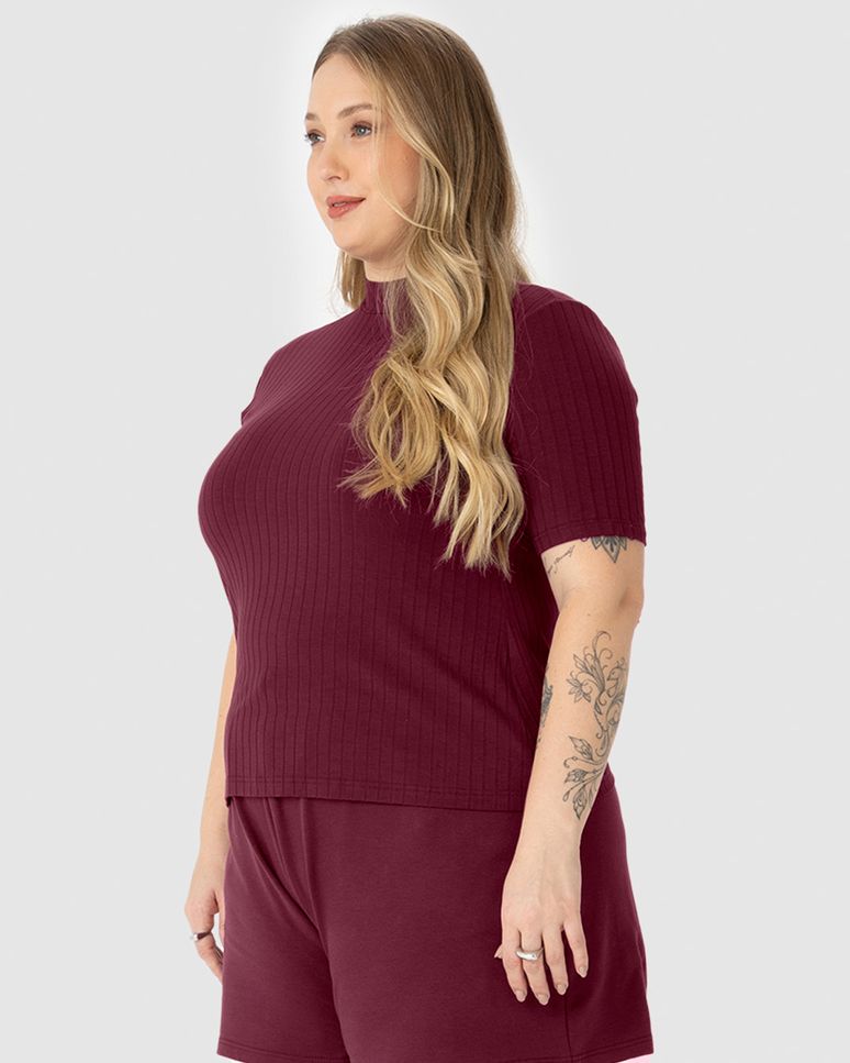 Blusa Feminina Plus Size Gola Alta Em Viscose Canelada