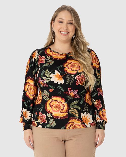Blusa Feminina Plus Size Floral Manga Franzida Em Viscose Stretch