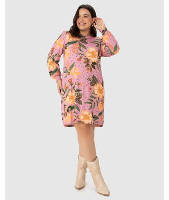 Vestido Feminino Plus Size Floral Manga Franzida Em Viscose Stretch