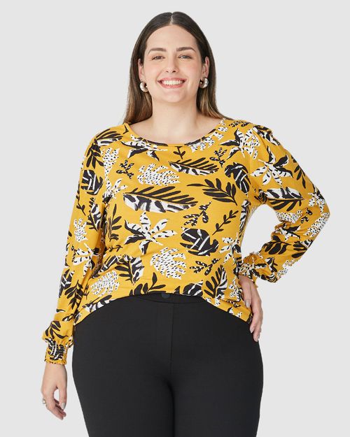 Blusa Feminina Plus Size Folhagem Manga Franzida Em Viscose Stretch