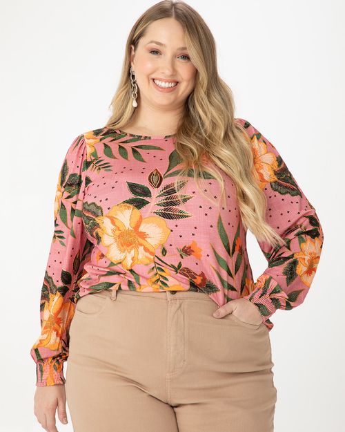 Blusa Feminina Plus Size Floral Manga Franzida Em Viscose Stretch