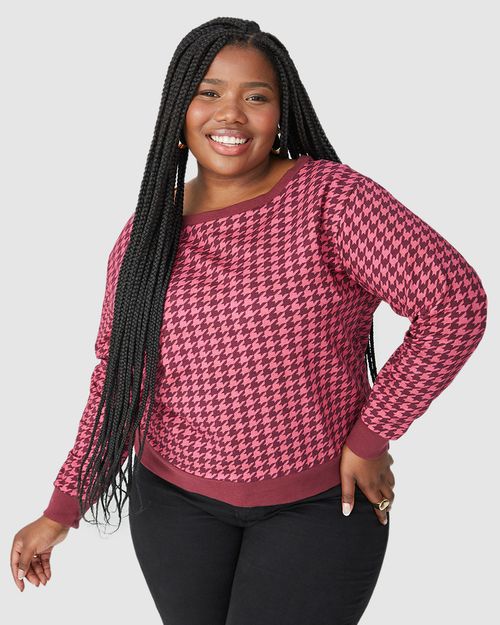 Blusão Feminino Plus Size Estampa Pied De Poule Em Moletom Stretch