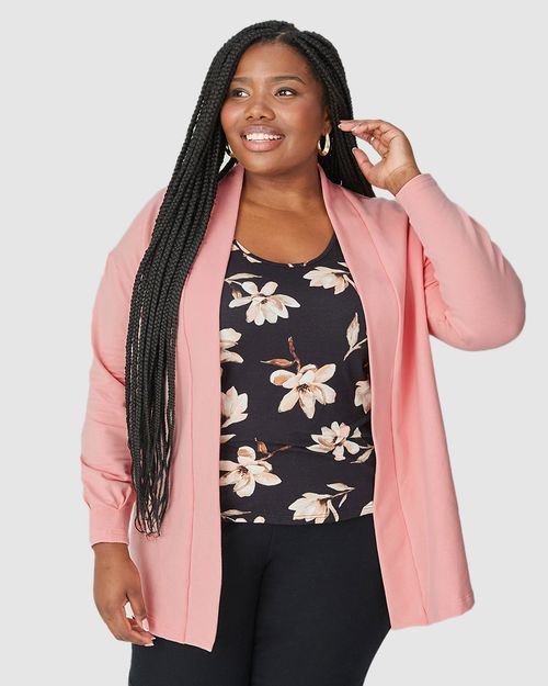 Casaco Feminino Plus Size Alongado Em Moletom Stretch Flanelado