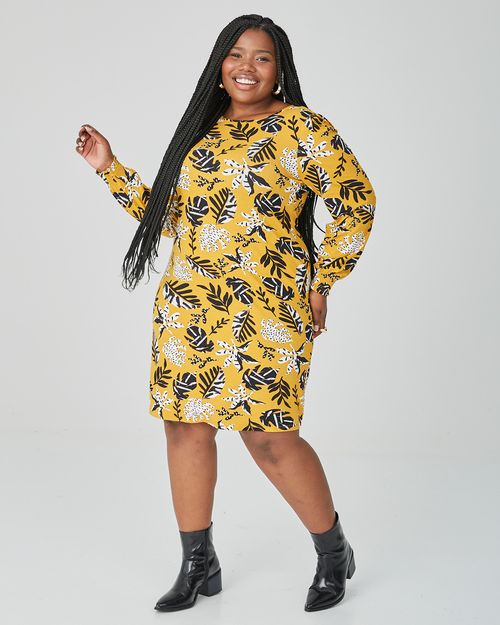 Vestido Feminino Plus Size Folhagem Manga Franzida Em Viscose Stretch