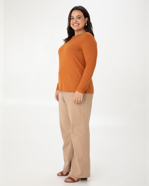 Blusa Básica Feminina Plus Size Manga Longa Em Canelado De Viscose