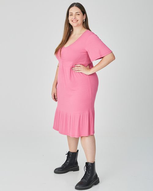 Vestido Feminino Plus Size Manga Ampla Em Malha Canelada De Viscose