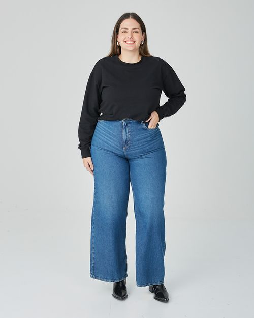 Calça Feminina Plus Size Wide Leg Cintura Alta Em Jeans 100% Algodão