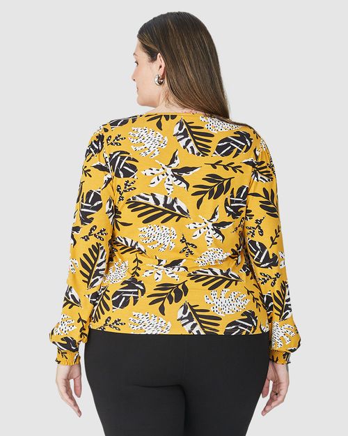 Blusa Feminina Plus Size Folhagem Manga Franzida Em Viscose Stretch