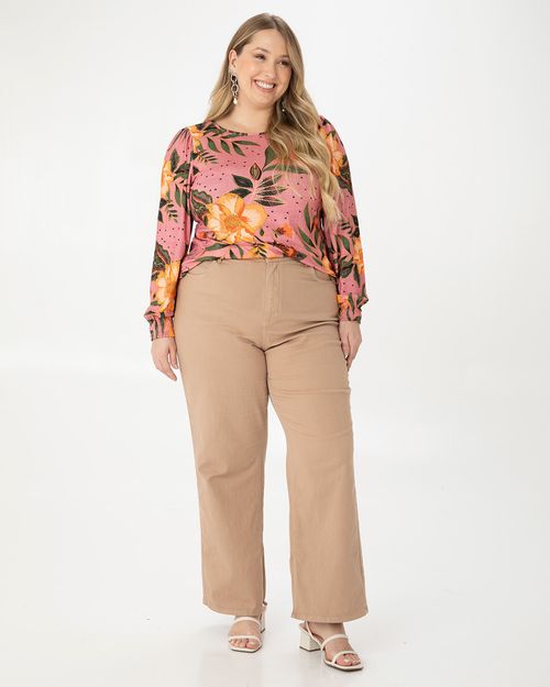 Blusa Feminina Plus Size Floral Manga Franzida Em Viscose Stretch