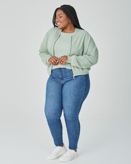 Jaqueta Bomber Feminina Plus Size Em Moletom Stretch Linho