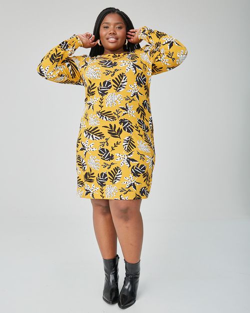 Vestido Feminino Plus Size Folhagem Manga Franzida Em Viscose Stretch