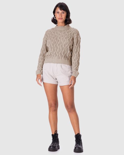 Suéter Feminino Gola Redonda Manga Longa Em Tricô