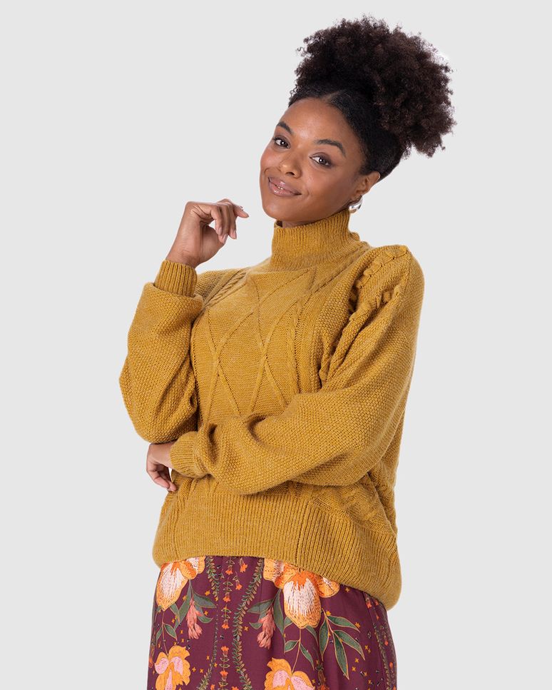 Suéter Feminino Texturizado Gola Alta Em Tricô