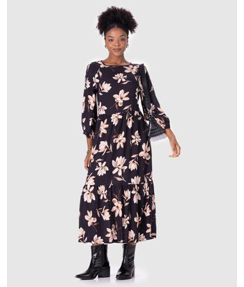 Vestido Midi Feminino Floral Manga Bufante Em Viscose Texturizada