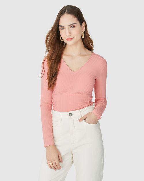 Blusa Feminina Recorte Franzido Lateral Em Malha Canelada De Viscose