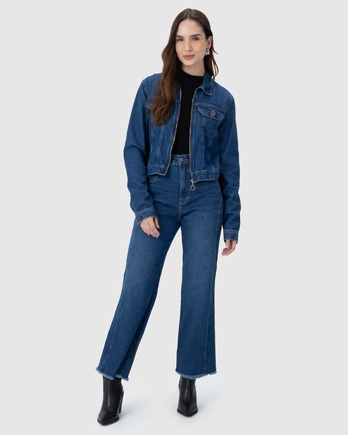 Calça Straight Cropped Feminina Barra Desfiada Em Jeans Com Elastano
