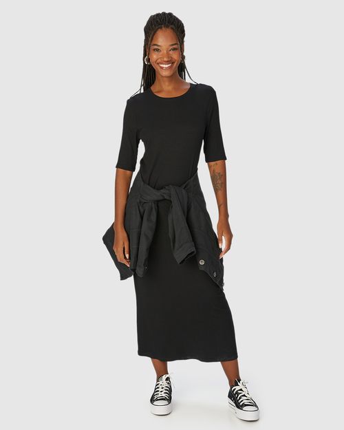 Vestido Midi Básico Feminino Em Malha Canelada De Viscose