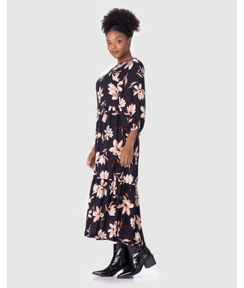 Vestido Midi Feminino Floral Manga Bufante Em Viscose Texturizada