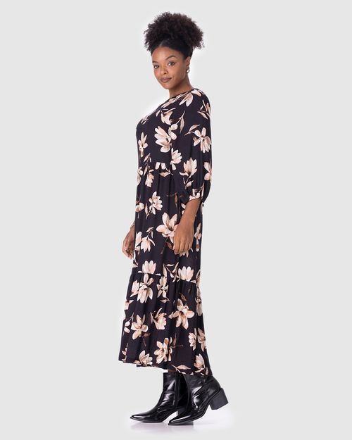 Vestido Midi Feminino Floral Manga Bufante Em Viscose Texturizada
