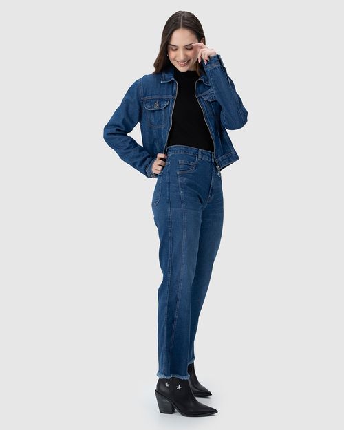 Calça Straight Cropped Feminina Barra Desfiada Em Jeans Com Elastano