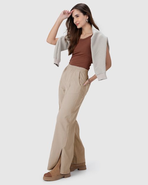 Calça Wide Leg Feminina Fenda Lateral Em Sarja 100% Algodão