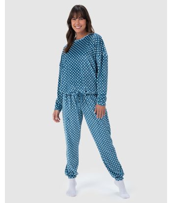 Pijama Feminino Blusão Manga Longa Poá Em Malha Plush
