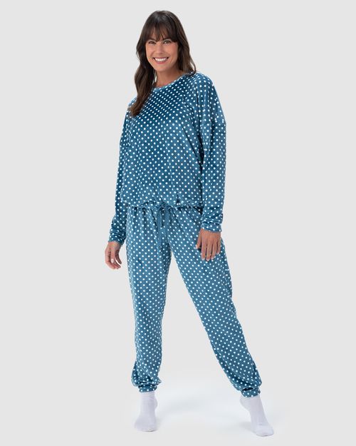 Pijama Feminino Blusão Manga Longa Poá Em Malha Plush