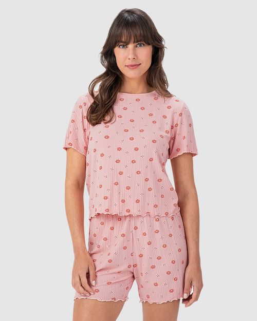 Pijama Curto Feminino Estampado Detalhe Picot Em Malha Viscose Canelada