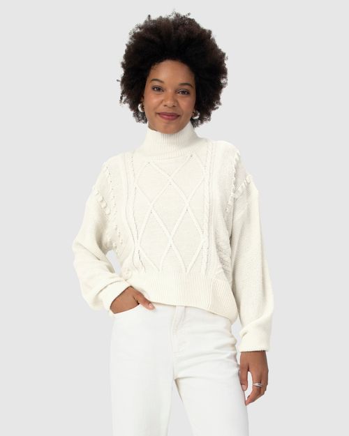 Suéter Feminino Texturizado Gola Alta Em Tricô