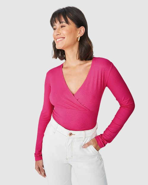 Blusa Feminina Manga Longa Decote Transpassado Em Malha Viscose Canelada