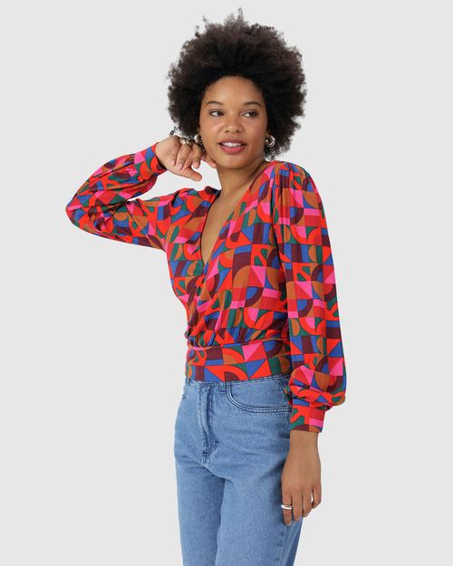 Blusa Cropped Feminina Estampa Geométrica Em Malha Viscose Canelada