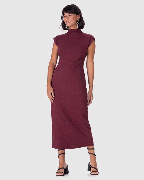 Vestido Midi Feminino Gola Alta Em Malha Jacquard