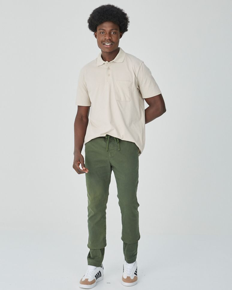 Calça Chino Masculina Cadarço Frontal Em Sarja Com Elastano