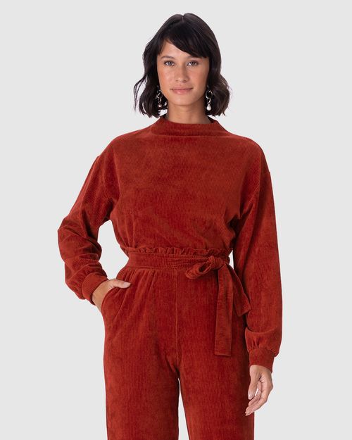 Blusão Feminino Punho Franzido Em Malha Plush Cotelê