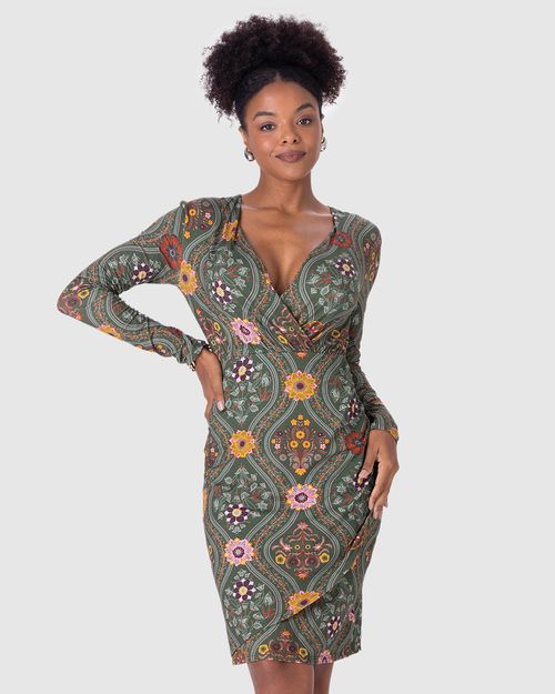 Vestido Feminino Transpassado Manga Longa Em Viscose Stretch