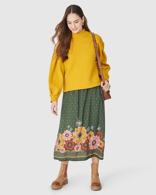 Saia Midi Feminina Estampada Bolso Lateral Em Viscose