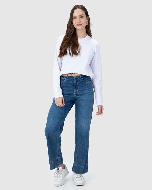 Calça Straight Cropped Feminina Com Cinto Em Jeans 100% Algodão