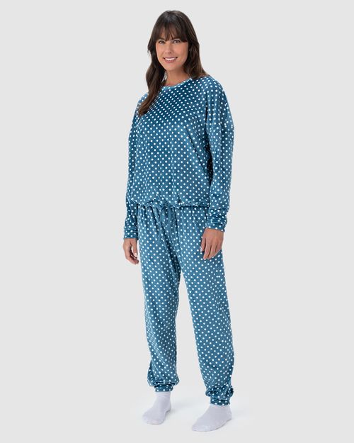 Pijama Feminino Blusão Manga Longa Poá Em Malha Plush