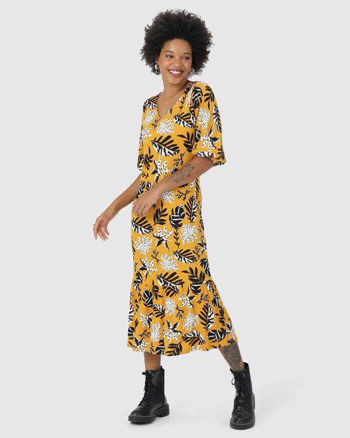 Vestido Midi Feminino Estampado Manga Bufante Em Malha Viscose Canelada