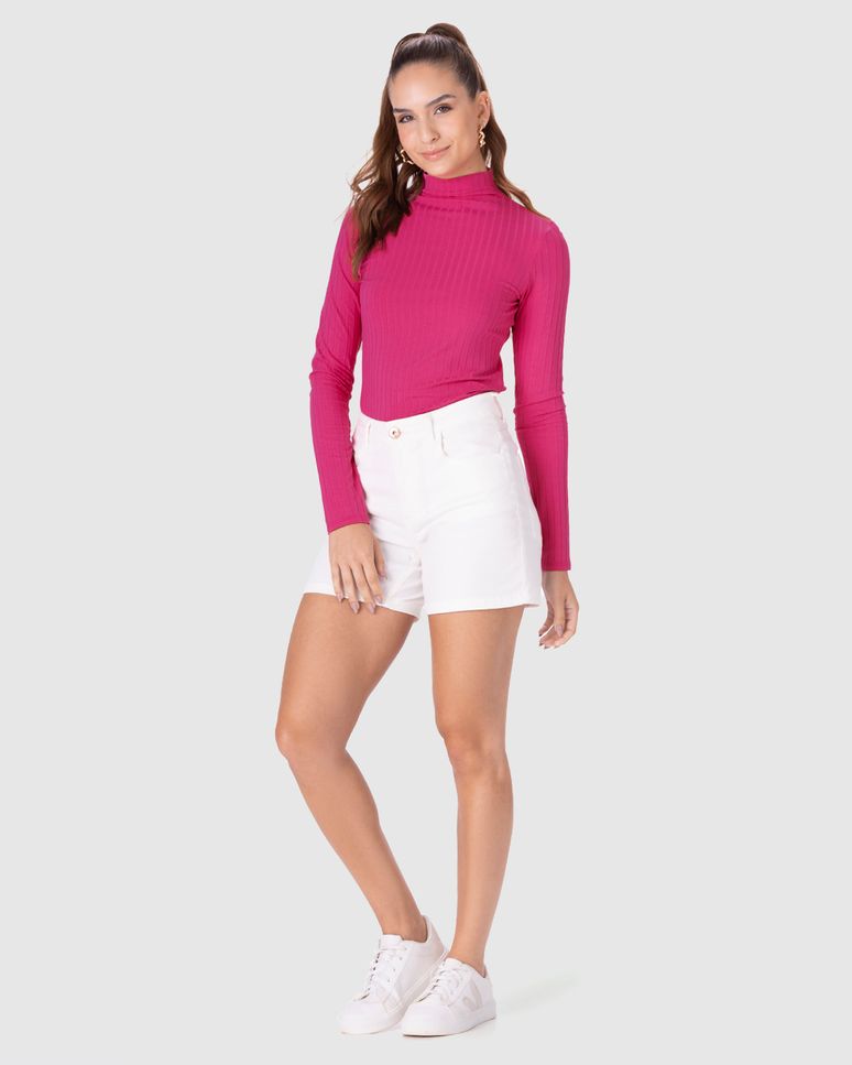 Blusa Básica Feminina Gola Alta Em Malha Canelada De Viscose
