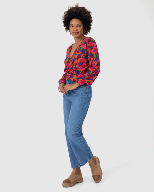 Blusa Cropped Feminina Estampa Geométrica Em Malha Viscose Canelada