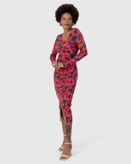 Vestido Midi Feminino Manga Longa Fenda Frontal Em Malha Viscose Canelada