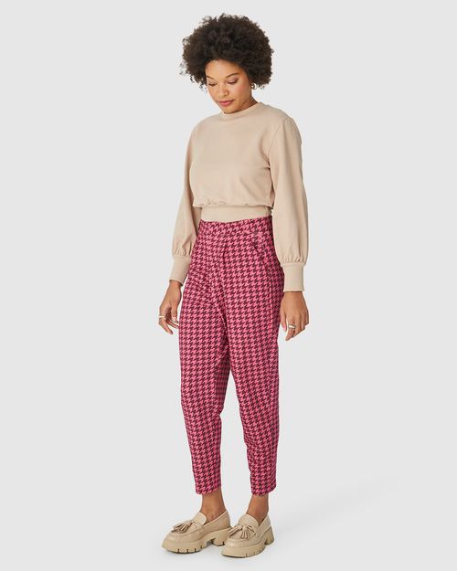 Calça Alfaiataria Feminina Estampa Pied De Poule Em Moletom Stretch